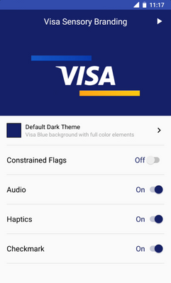 SDK Sample App allows developers the ability to customize the Visa Sensory Branding experience for solutions. Developers can customize different features.